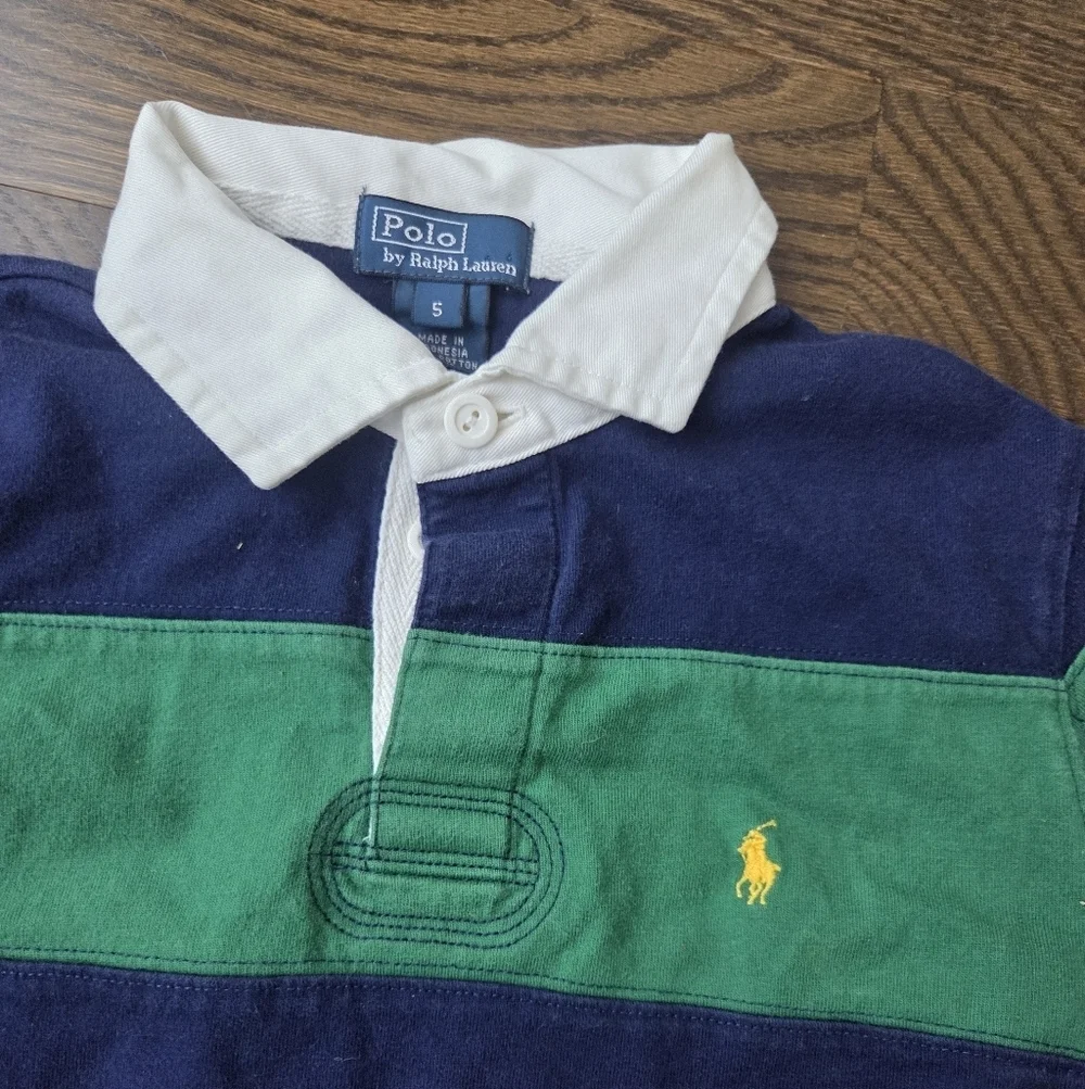 Polo by Ralph Lauren Kids Green and Blue Striped Rugby Shirt Sz.5